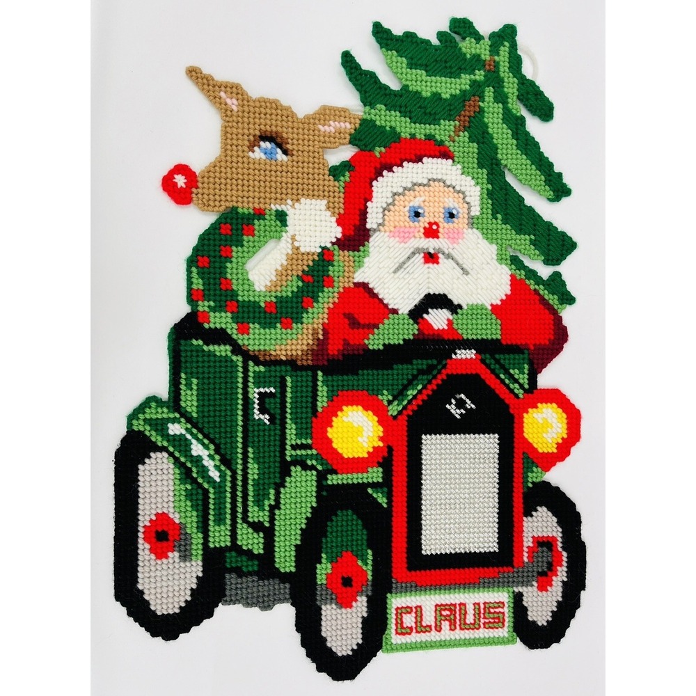 Vintage Handmade Completed Plastic Canvas Santa and Reindeer In Car Christmas